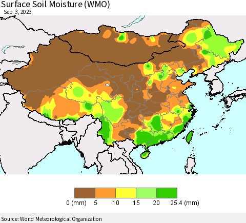 China, Mongolia and Taiwan Surface Soil Moisture (WMO) Thematic Map For 8/28/2023 - 9/3/2023