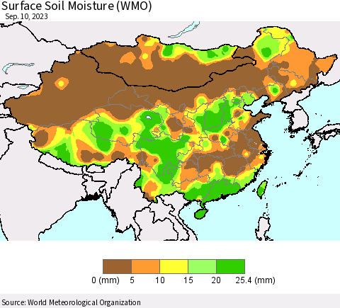 China, Mongolia and Taiwan Surface Soil Moisture (WMO) Thematic Map For 9/4/2023 - 9/10/2023