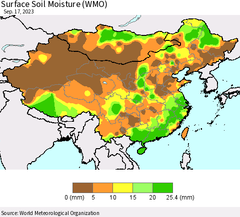 China, Mongolia and Taiwan Surface Soil Moisture (WMO) Thematic Map For 9/11/2023 - 9/17/2023