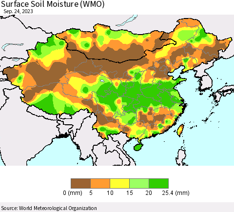 China, Mongolia and Taiwan Surface Soil Moisture (WMO) Thematic Map For 9/18/2023 - 9/24/2023
