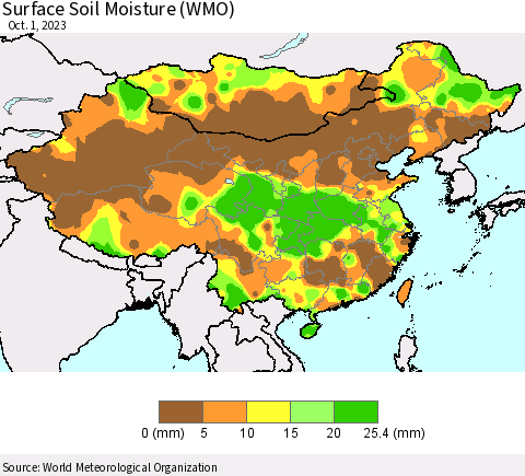 China, Mongolia and Taiwan Surface Soil Moisture (WMO) Thematic Map For 9/25/2023 - 10/1/2023