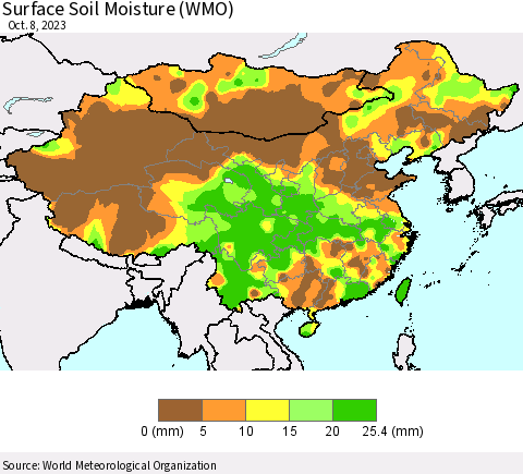 China, Mongolia and Taiwan Surface Soil Moisture (WMO) Thematic Map For 10/2/2023 - 10/8/2023