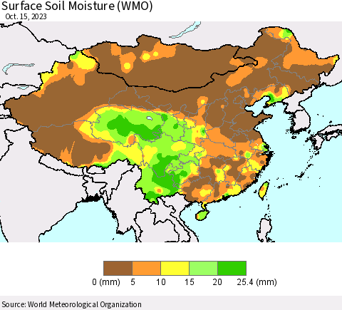 China, Mongolia and Taiwan Surface Soil Moisture (WMO) Thematic Map For 10/9/2023 - 10/15/2023