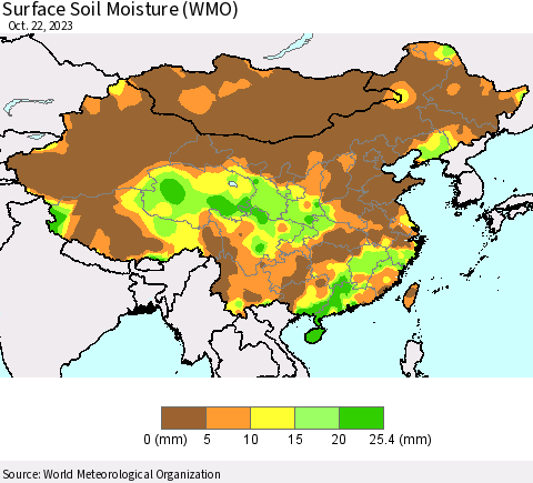 China, Mongolia and Taiwan Surface Soil Moisture (WMO) Thematic Map For 10/16/2023 - 10/22/2023