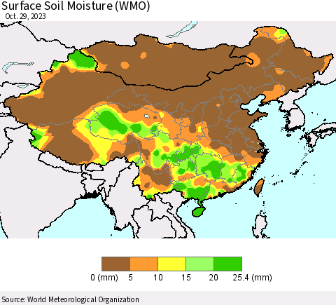 China, Mongolia and Taiwan Surface Soil Moisture (WMO) Thematic Map For 10/23/2023 - 10/29/2023