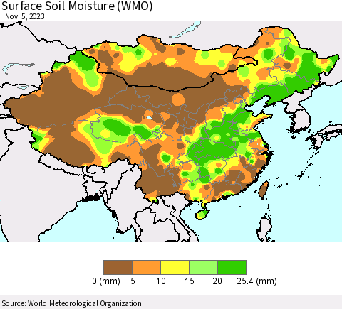 China, Mongolia and Taiwan Surface Soil Moisture (WMO) Thematic Map For 10/30/2023 - 11/5/2023