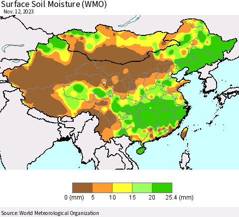 China, Mongolia and Taiwan Surface Soil Moisture (WMO) Thematic Map For 11/6/2023 - 11/12/2023