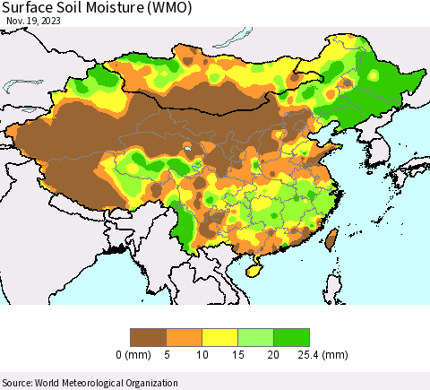 China, Mongolia and Taiwan Surface Soil Moisture (WMO) Thematic Map For 11/13/2023 - 11/19/2023