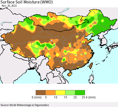 China, Mongolia and Taiwan Surface Soil Moisture (WMO) Thematic Map For 11/20/2023 - 11/26/2023
