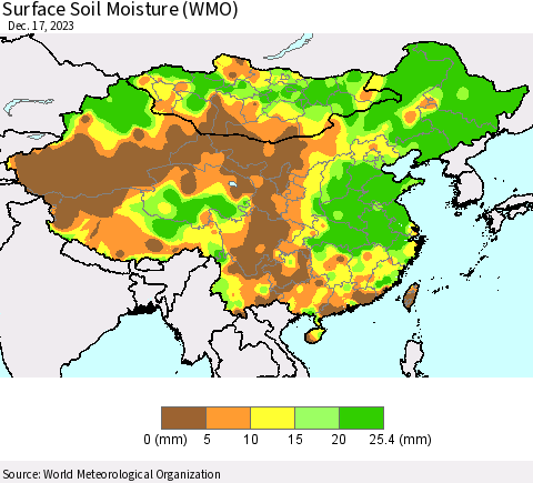 China, Mongolia and Taiwan Surface Soil Moisture (WMO) Thematic Map For 12/11/2023 - 12/17/2023
