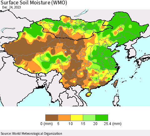China, Mongolia and Taiwan Surface Soil Moisture (WMO) Thematic Map For 12/18/2023 - 12/24/2023