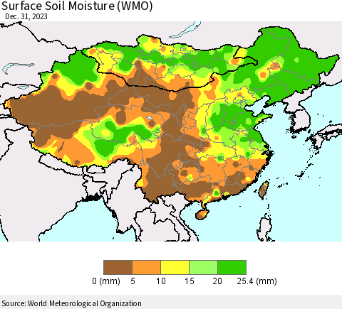 China, Mongolia and Taiwan Surface Soil Moisture (WMO) Thematic Map For 12/25/2023 - 12/31/2023