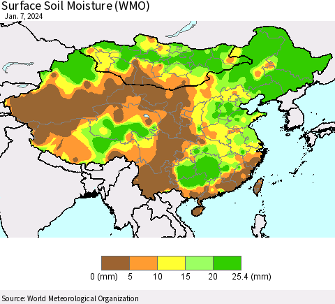 China, Mongolia and Taiwan Surface Soil Moisture (WMO) Thematic Map For 1/1/2024 - 1/7/2024