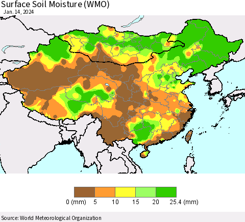 China, Mongolia and Taiwan Surface Soil Moisture (WMO) Thematic Map For 1/8/2024 - 1/14/2024