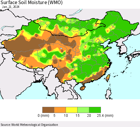 China, Mongolia and Taiwan Surface Soil Moisture (WMO) Thematic Map For 1/15/2024 - 1/21/2024
