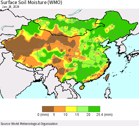 China, Mongolia and Taiwan Surface Soil Moisture (WMO) Thematic Map For 1/22/2024 - 1/28/2024