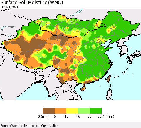 China, Mongolia and Taiwan Surface Soil Moisture (WMO) Thematic Map For 1/29/2024 - 2/4/2024