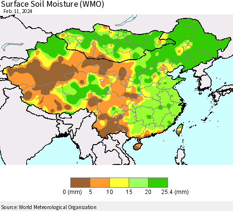 China, Mongolia and Taiwan Surface Soil Moisture (WMO) Thematic Map For 2/5/2024 - 2/11/2024