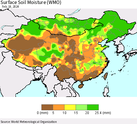 China, Mongolia and Taiwan Surface Soil Moisture (WMO) Thematic Map For 2/12/2024 - 2/18/2024