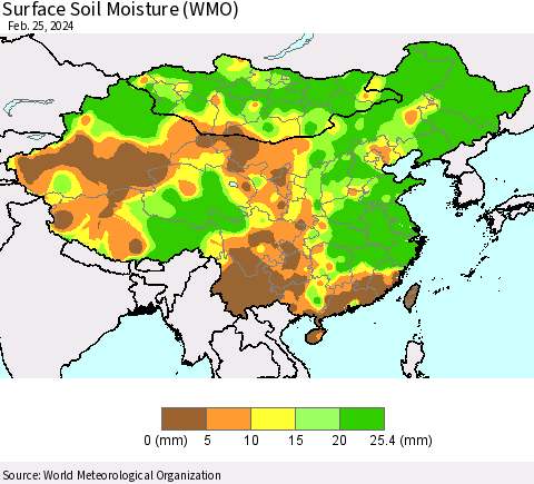 China, Mongolia and Taiwan Surface Soil Moisture (WMO) Thematic Map For 2/19/2024 - 2/25/2024