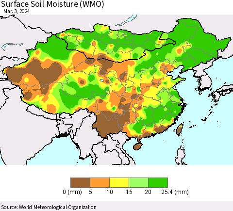 China, Mongolia and Taiwan Surface Soil Moisture (WMO) Thematic Map For 2/26/2024 - 3/3/2024