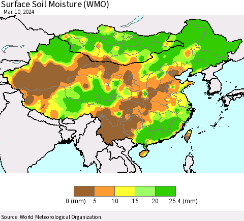 China, Mongolia and Taiwan Surface Soil Moisture (WMO) Thematic Map For 3/4/2024 - 3/10/2024