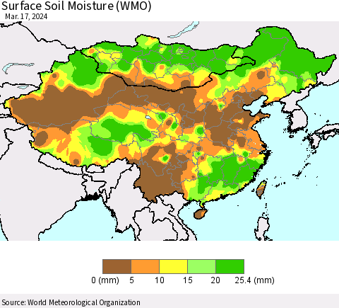 China, Mongolia and Taiwan Surface Soil Moisture (WMO) Thematic Map For 3/11/2024 - 3/17/2024