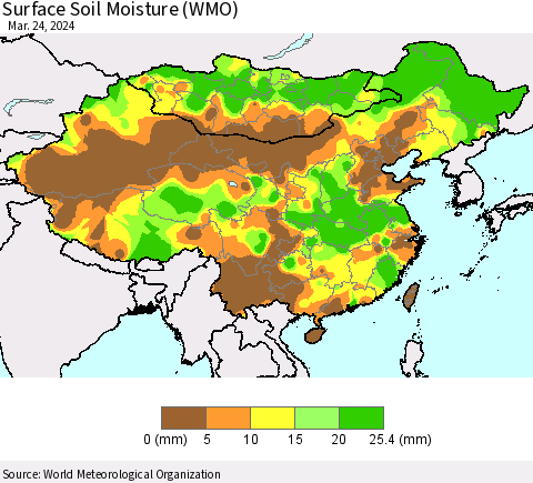 China, Mongolia and Taiwan Surface Soil Moisture (WMO) Thematic Map For 3/18/2024 - 3/24/2024