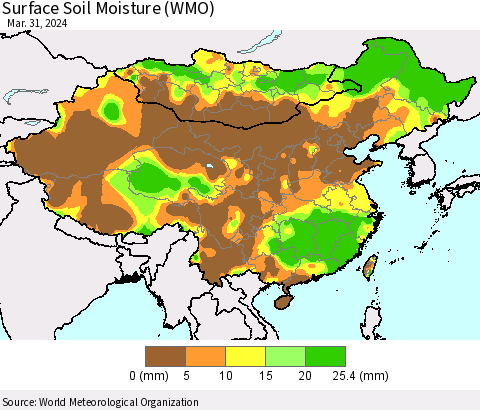 China, Mongolia and Taiwan Surface Soil Moisture (WMO) Thematic Map For 3/25/2024 - 3/31/2024