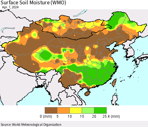 China, Mongolia and Taiwan Surface Soil Moisture (WMO) Thematic Map For 4/1/2024 - 4/7/2024