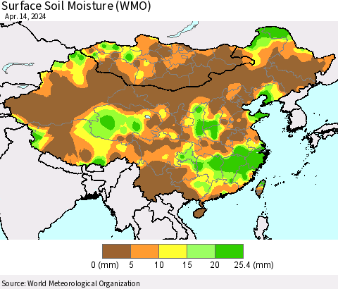 China, Mongolia and Taiwan Surface Soil Moisture (WMO) Thematic Map For 4/8/2024 - 4/14/2024
