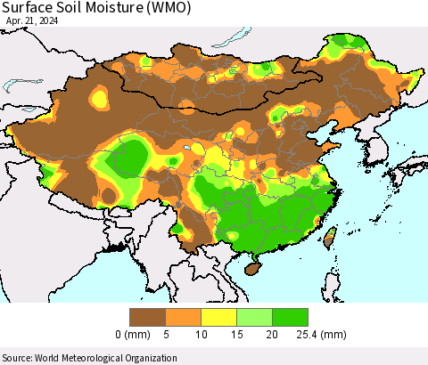 China, Mongolia and Taiwan Surface Soil Moisture (WMO) Thematic Map For 4/15/2024 - 4/21/2024
