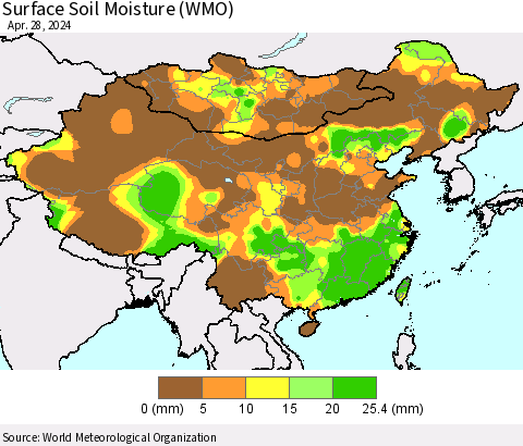 China, Mongolia and Taiwan Surface Soil Moisture (WMO) Thematic Map For 4/22/2024 - 4/28/2024