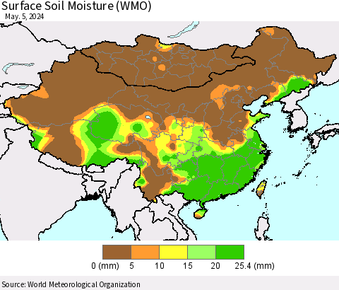 China, Mongolia and Taiwan Surface Soil Moisture (WMO) Thematic Map For 4/29/2024 - 5/5/2024