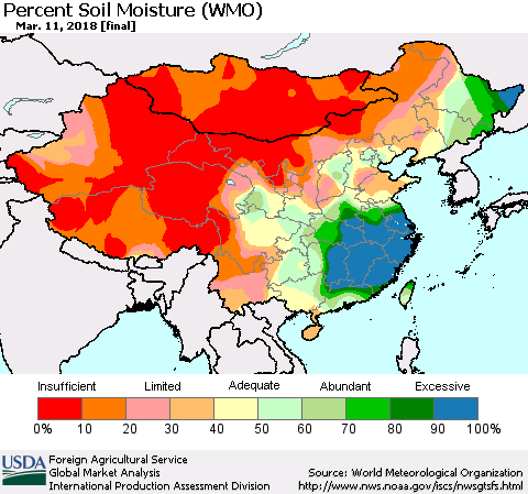 China, Mongolia and Taiwan Percent Soil Moisture (WMO) Thematic Map For 3/5/2018 - 3/11/2018