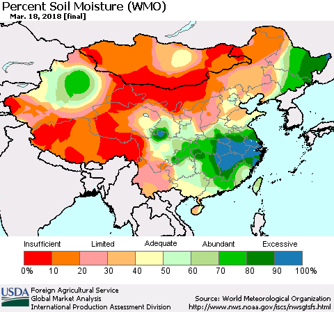 China, Mongolia and Taiwan Percent Soil Moisture (WMO) Thematic Map For 3/12/2018 - 3/18/2018