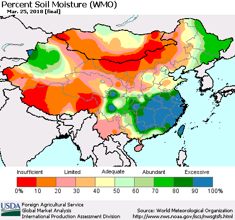 China, Mongolia and Taiwan Percent Soil Moisture (WMO) Thematic Map For 3/19/2018 - 3/25/2018