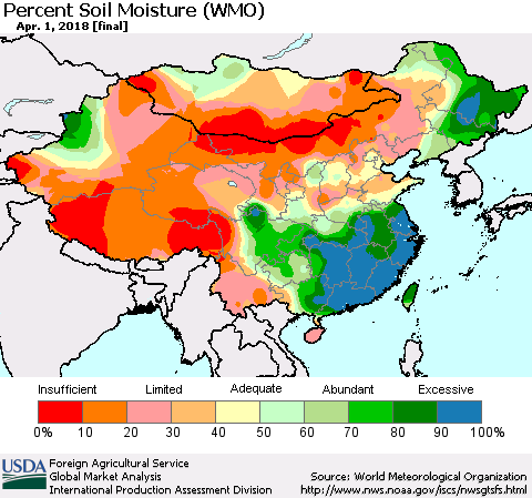 China, Mongolia and Taiwan Percent Soil Moisture (WMO) Thematic Map For 3/26/2018 - 4/1/2018