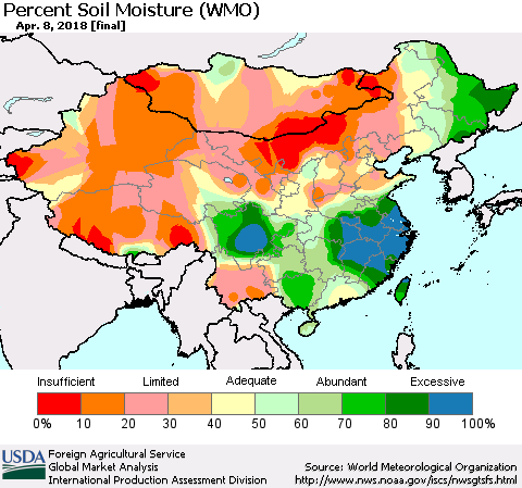 China, Mongolia and Taiwan Percent Soil Moisture (WMO) Thematic Map For 4/2/2018 - 4/8/2018