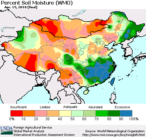 China, Mongolia and Taiwan Percent Soil Moisture (WMO) Thematic Map For 4/9/2018 - 4/15/2018