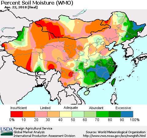 China, Mongolia and Taiwan Percent Soil Moisture (WMO) Thematic Map For 4/16/2018 - 4/22/2018