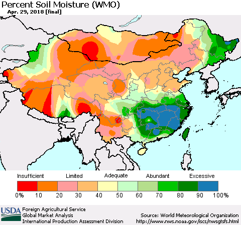 China, Mongolia and Taiwan Percent Soil Moisture (WMO) Thematic Map For 4/23/2018 - 4/29/2018