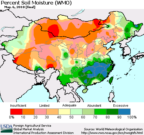 China, Mongolia and Taiwan Percent Soil Moisture (WMO) Thematic Map For 4/30/2018 - 5/6/2018