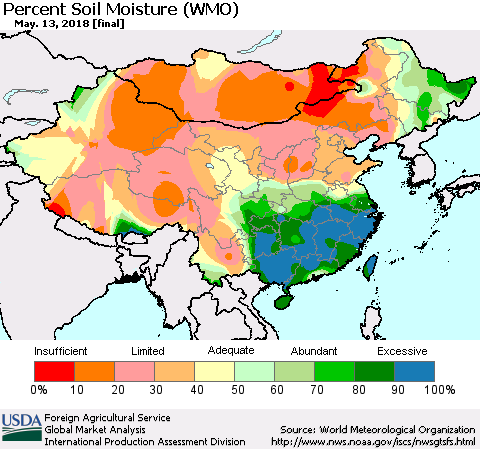 China, Mongolia and Taiwan Percent Soil Moisture (WMO) Thematic Map For 5/7/2018 - 5/13/2018