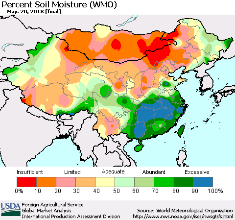 China, Mongolia and Taiwan Percent Soil Moisture (WMO) Thematic Map For 5/14/2018 - 5/20/2018