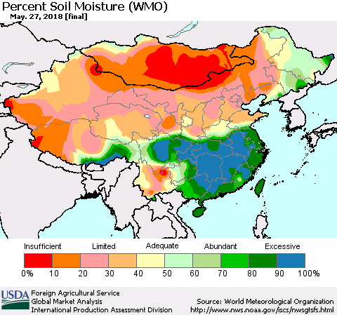 China, Mongolia and Taiwan Percent Soil Moisture (WMO) Thematic Map For 5/21/2018 - 5/27/2018