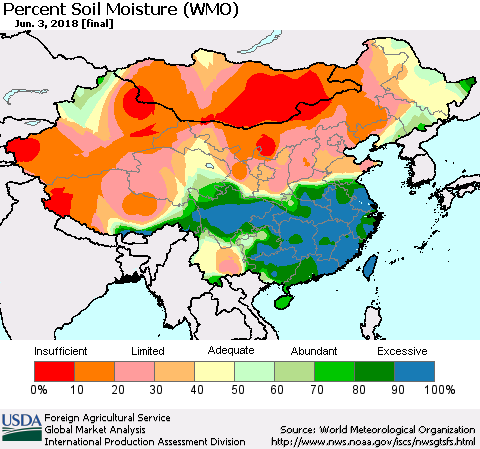 China, Mongolia and Taiwan Percent Soil Moisture (WMO) Thematic Map For 5/28/2018 - 6/3/2018