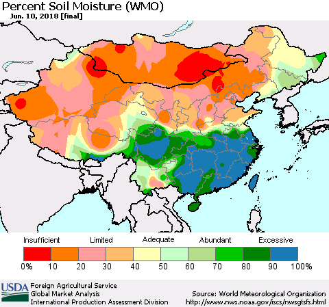 China, Mongolia and Taiwan Percent Soil Moisture (WMO) Thematic Map For 6/4/2018 - 6/10/2018
