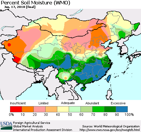 China, Mongolia and Taiwan Percent Soil Moisture (WMO) Thematic Map For 6/11/2018 - 6/17/2018