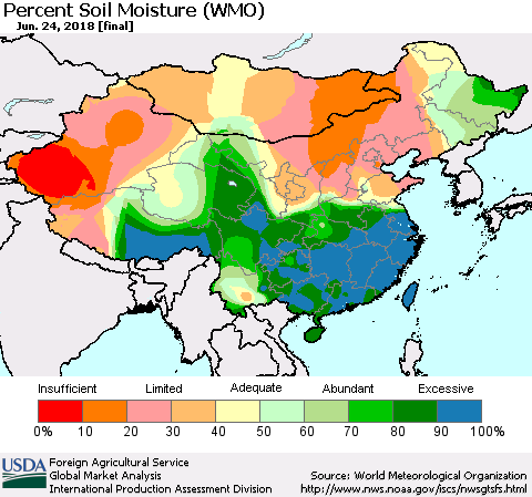 China, Mongolia and Taiwan Percent Soil Moisture (WMO) Thematic Map For 6/18/2018 - 6/24/2018